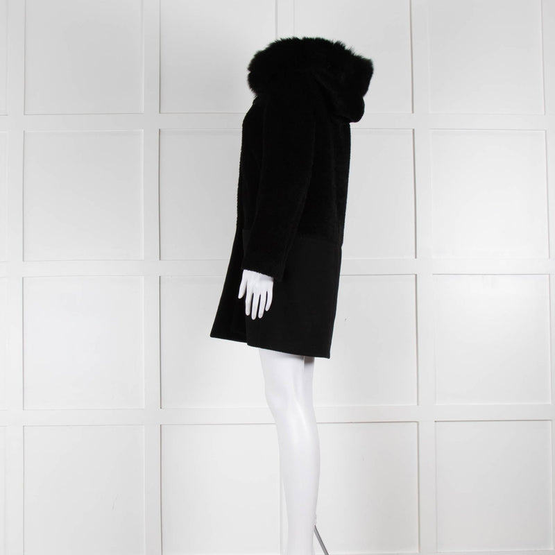 Max Mara Black Wool Alpaca Mix Coat with Fox Fur Trimmed Hood