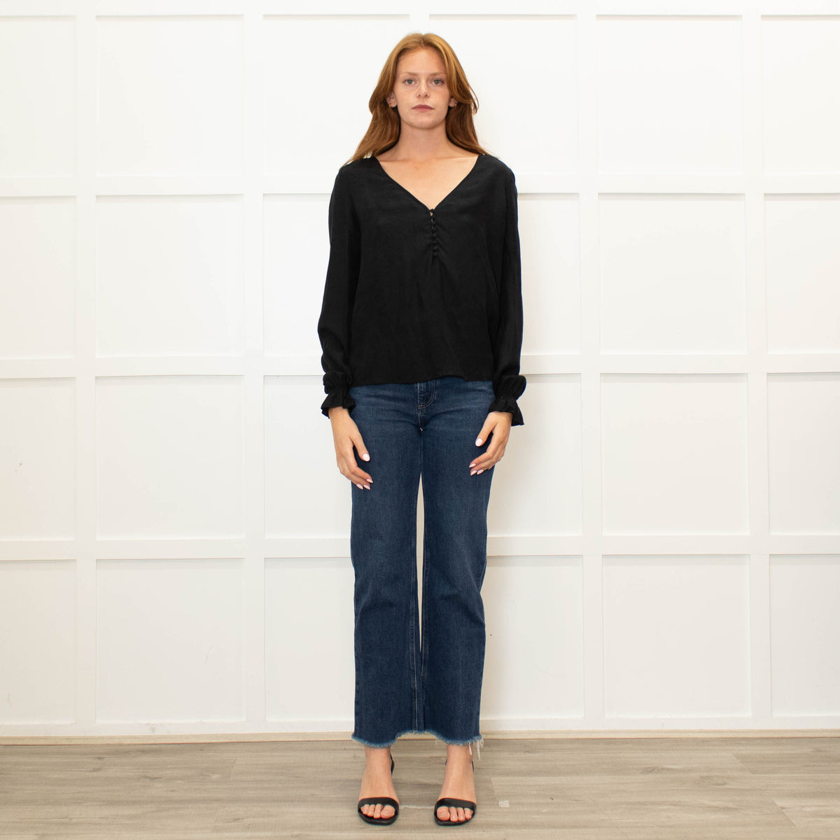 Sezane Black V Neck Leaf Print Blouse