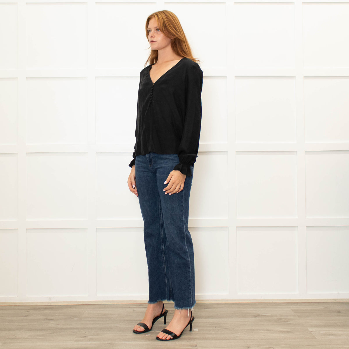 Sezane Black V Neck Leaf Print Blouse