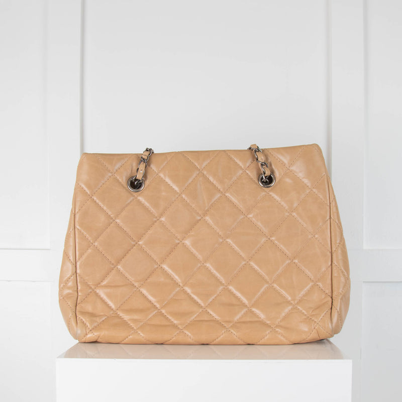 Chanel Beige Quilted Calfskin Ruthenium Hardware Tote Bag