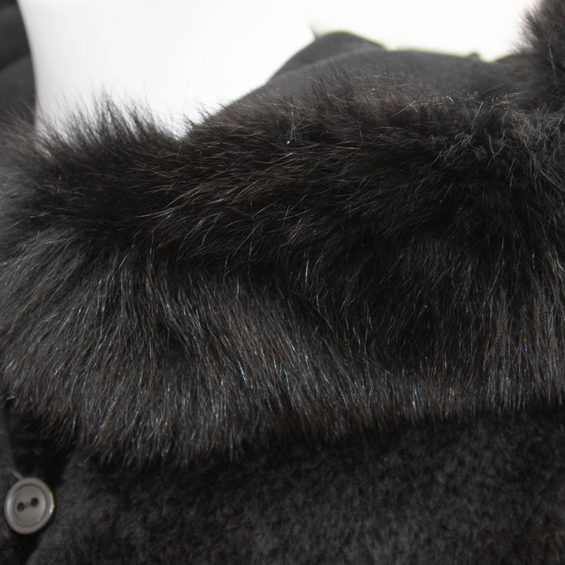 Max Mara Black Wool Alpaca Mix Coat with Fox Fur Trimmed Hood