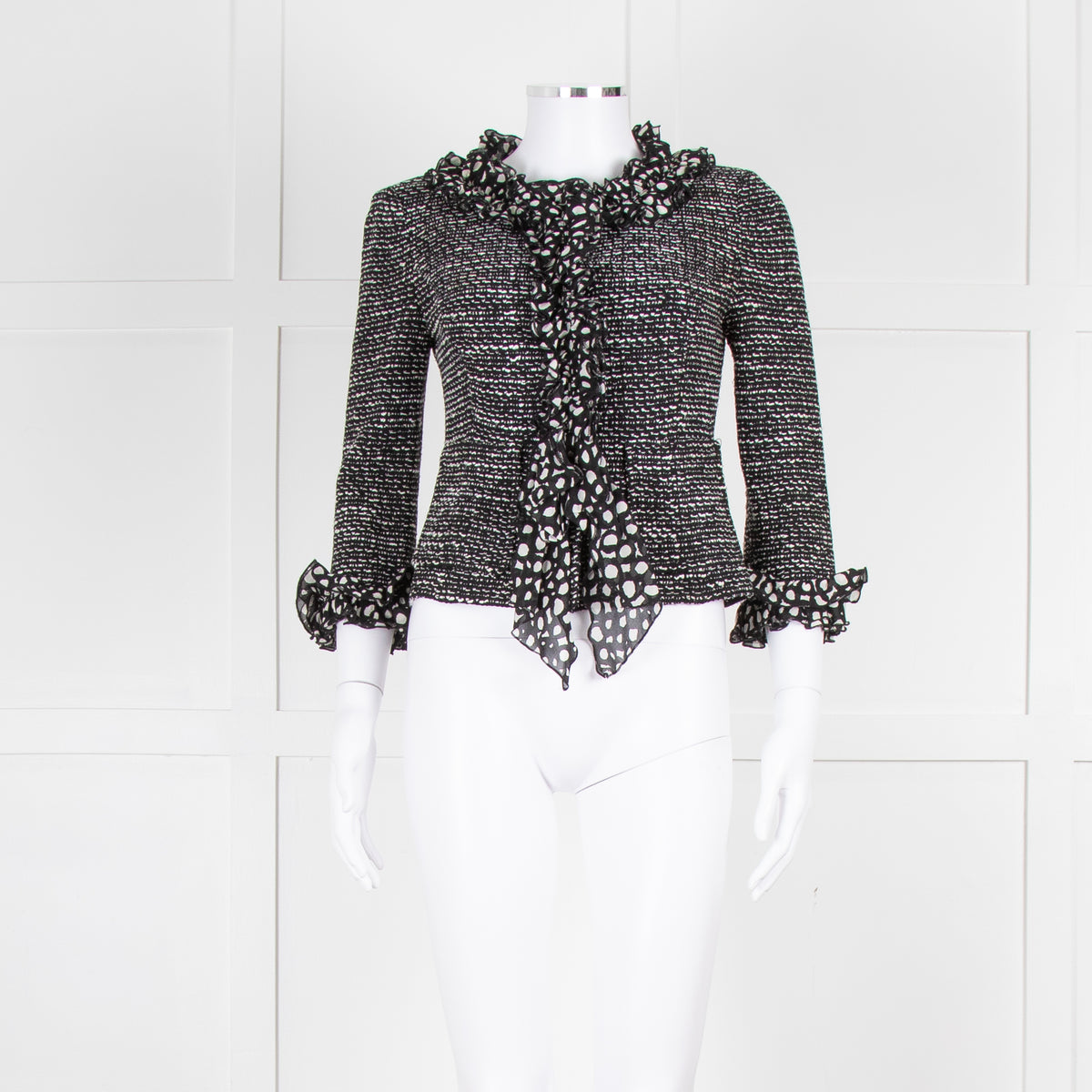 St John Black White Knit Frill Trim Jacket