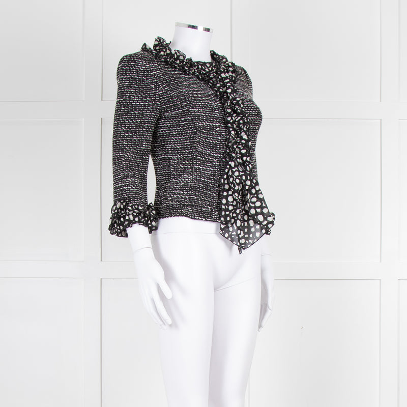 St John Black White Knit Frill Trim Jacket