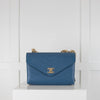 Chanel Blue Calfskin Chevron Coco Gold Tone Hardware Flap Bag