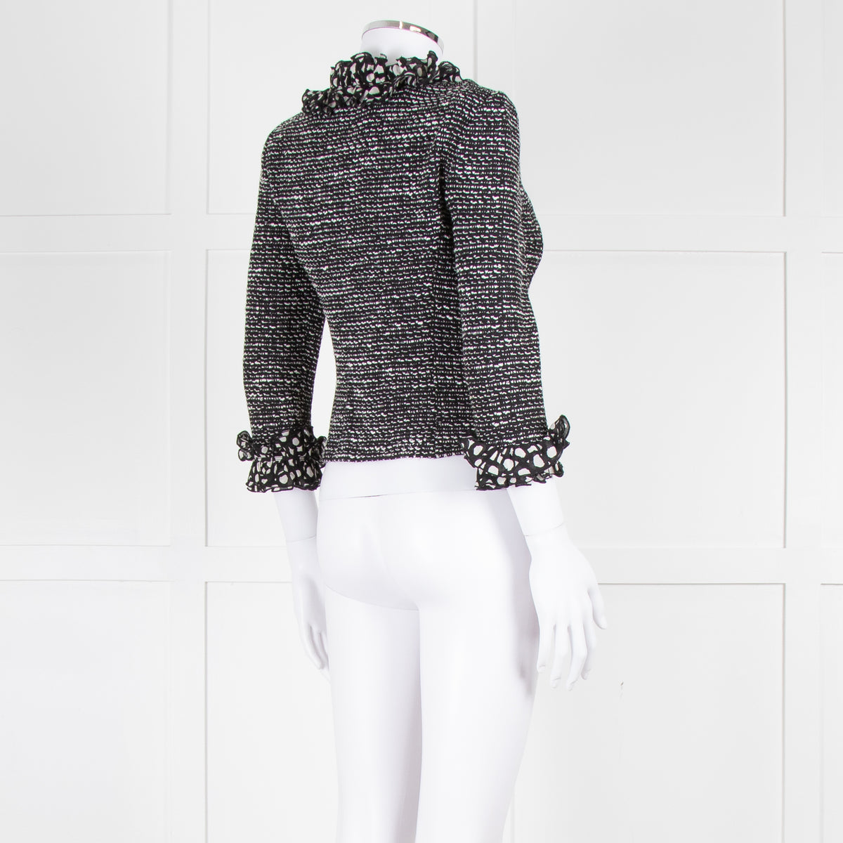 St John Black White Knit Frill Trim Jacket