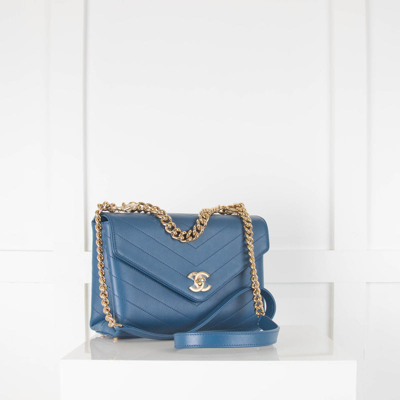 Chanel Blue Calfskin Chevron Coco Gold Tone Hardware Flap Bag