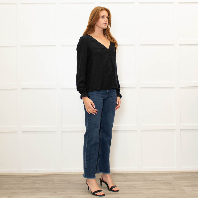 Sezane Black V Neck Leaf Print Blouse