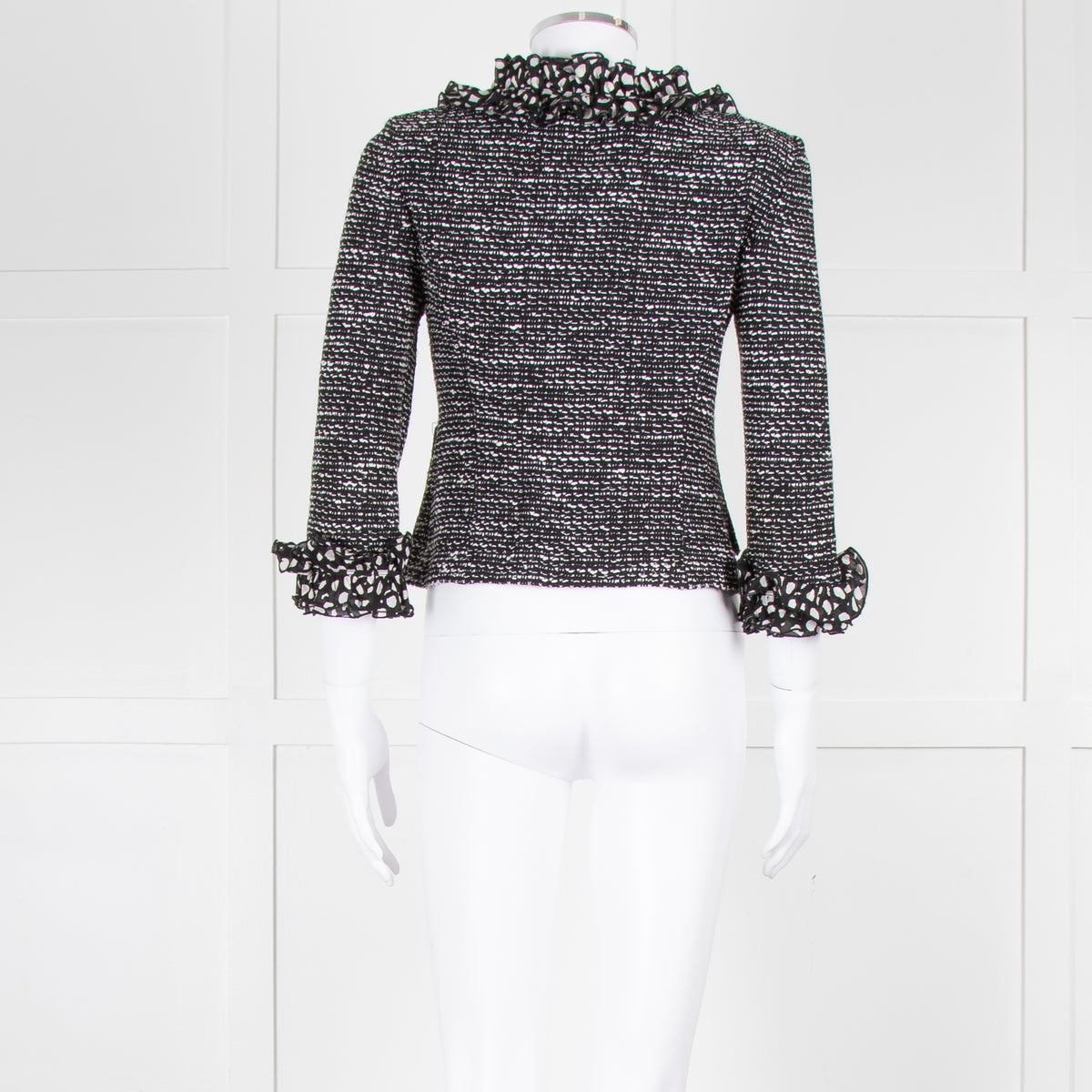 St John Black White Knit Frill Trim Jacket