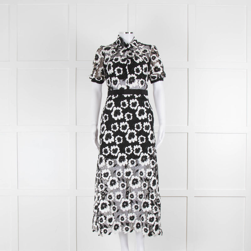 Self-Portrait Black and White Lace Short Sleeve Midi Dress