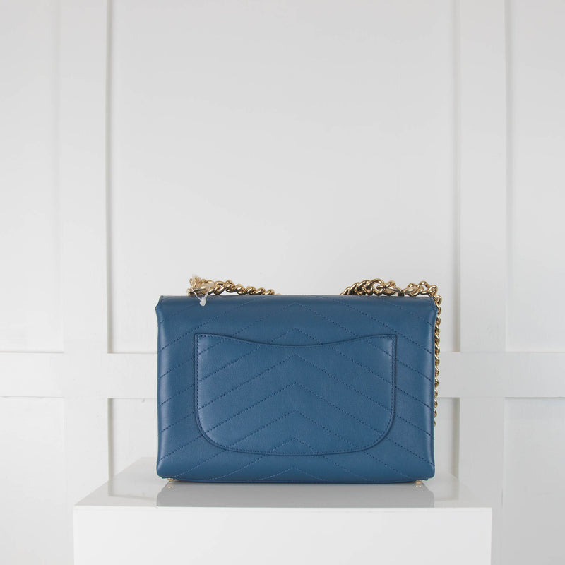 Chanel Blue Calfskin Chevron Coco Gold Tone Hardware Flap Bag