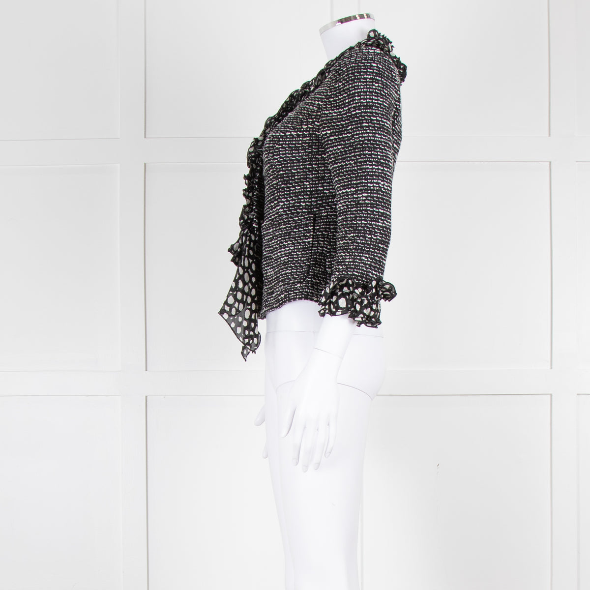St John Black White Knit Frill Trim Jacket