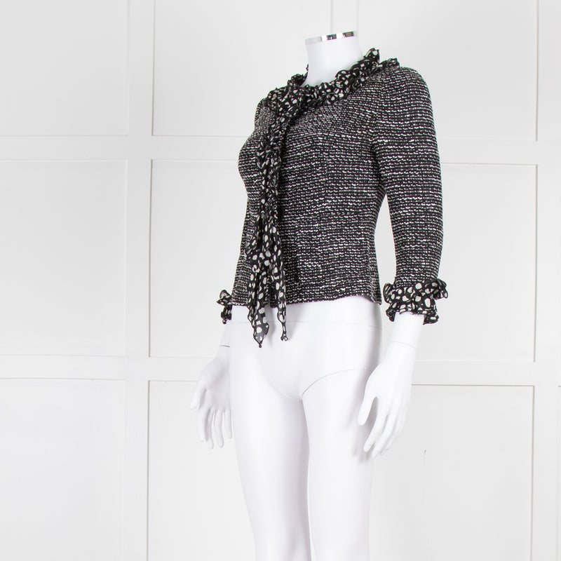 St John Black White Knit Frill Trim Jacket