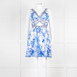 Camilla White Blue Linen V Neck Cut out Embellished Mini Dress