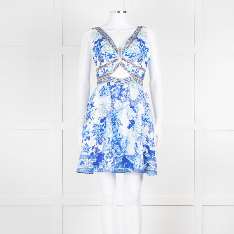 Camilla White Blue Linen V Neck Cut out Embellished Mini Dress