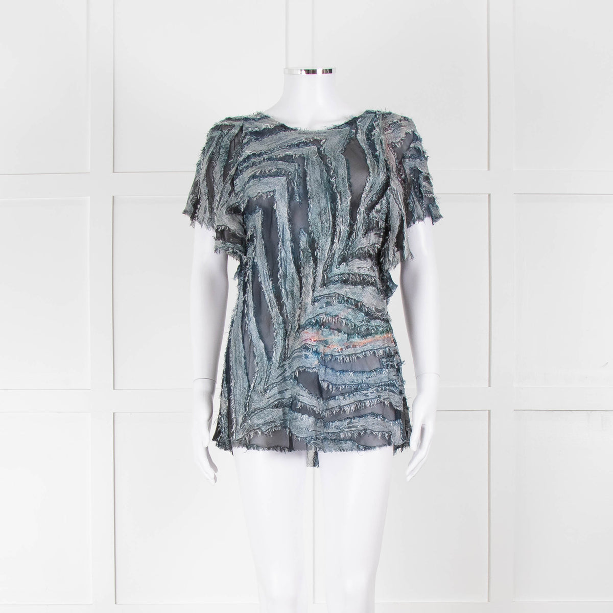 Iro Multicolour Silk Mix Shorlt Sleeve Top With Fringe Detail