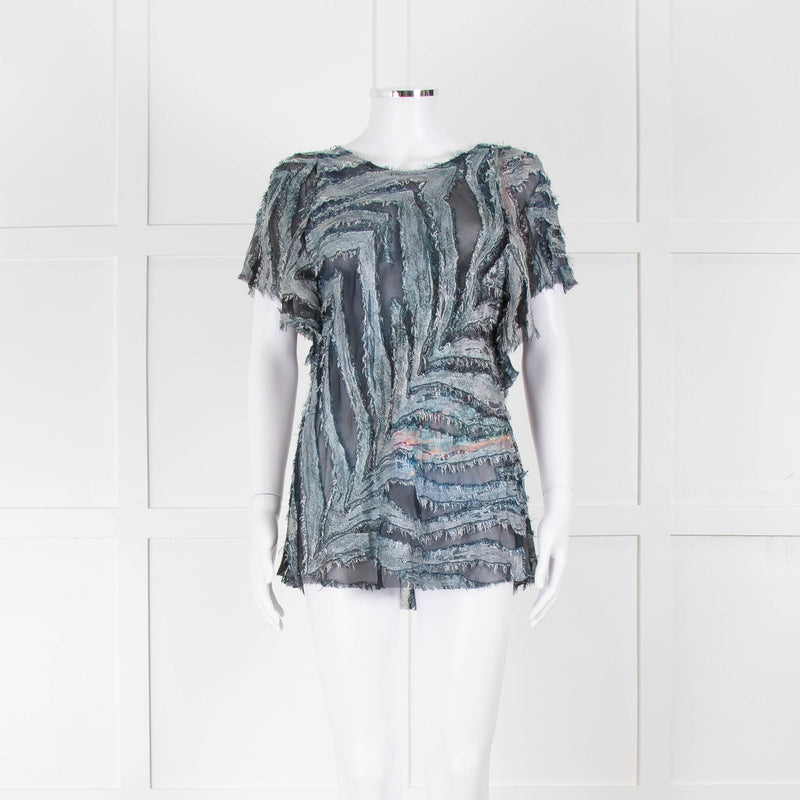Iro Multicolour Silk Mix Shorlt Sleeve Top With Fringe Detail
