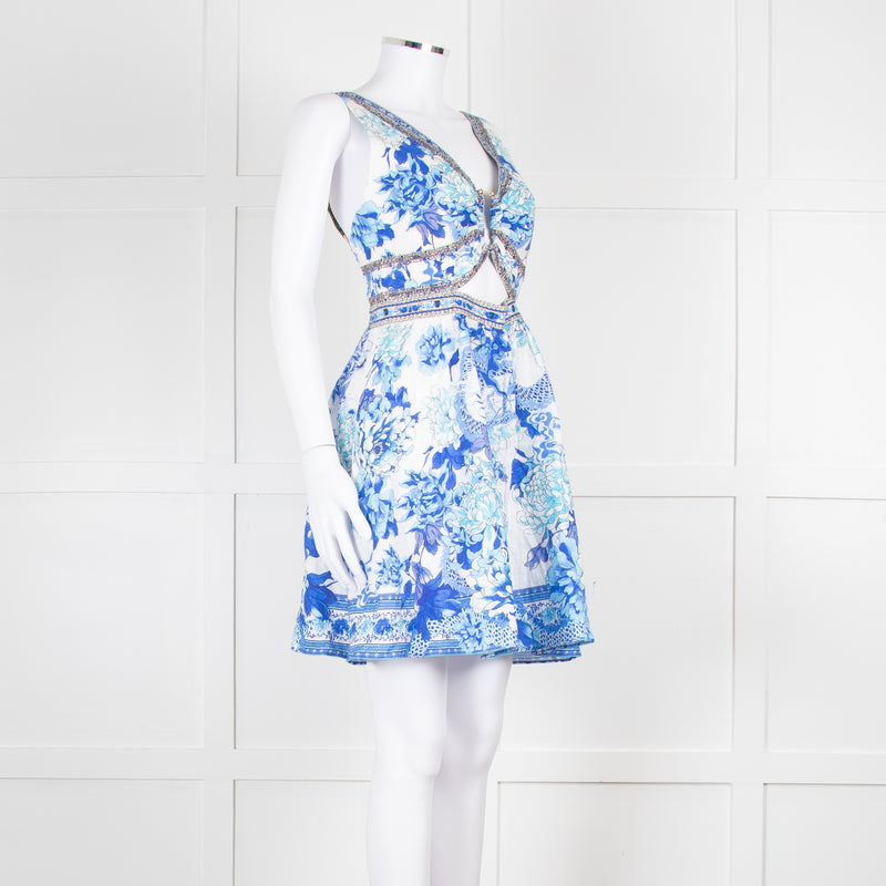 Camilla White Blue Linen V Neck Cut out Embellished Mini Dress