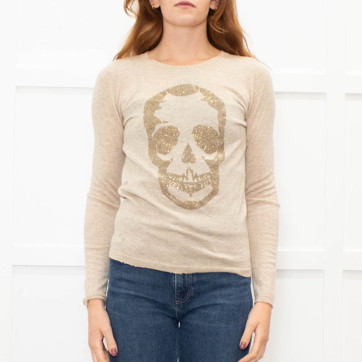 Zadig & Voltaire Beige Gold Diamante Skull Cashmere Fine Knit Jumper