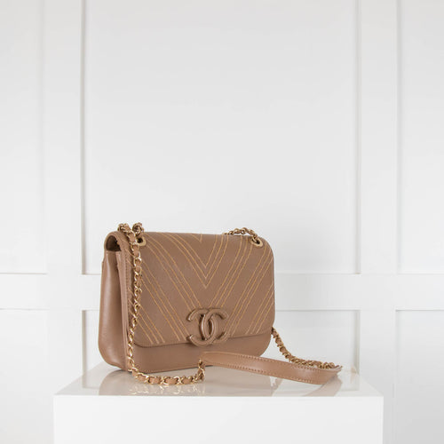 Chanel Nude CC Calfskin Triple Stitched Chevron Small Flap Bag