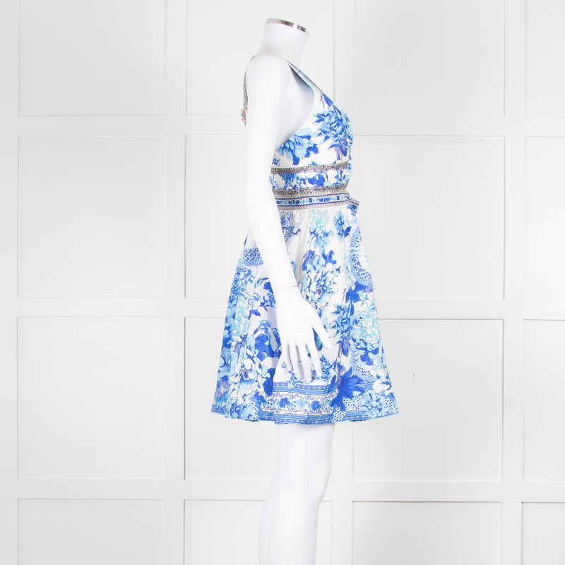 Camilla White Blue Linen V Neck Cut out Embellished Mini Dress