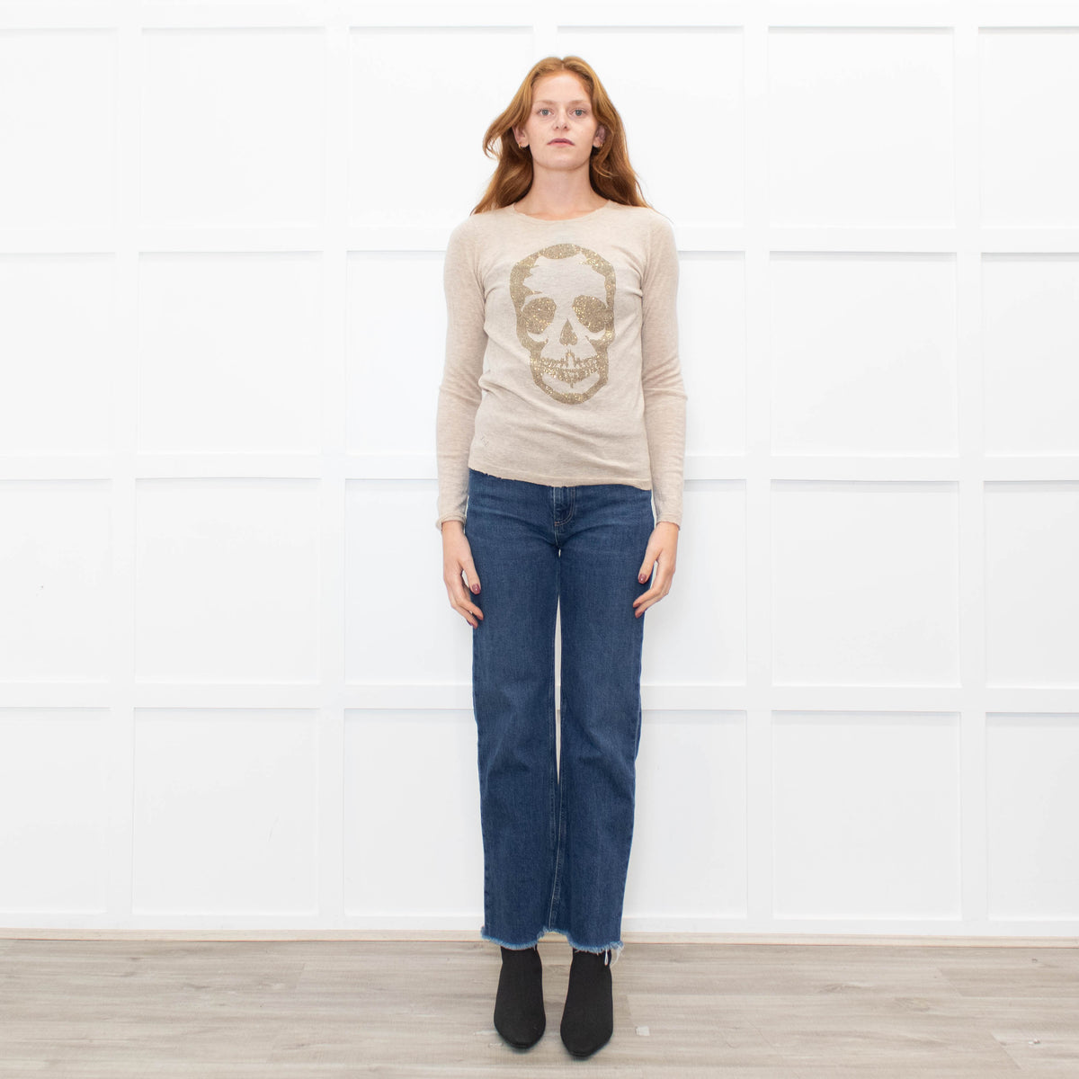 Zadig & Voltaire Beige Gold Diamante Skull Cashmere Fine Knit Jumper