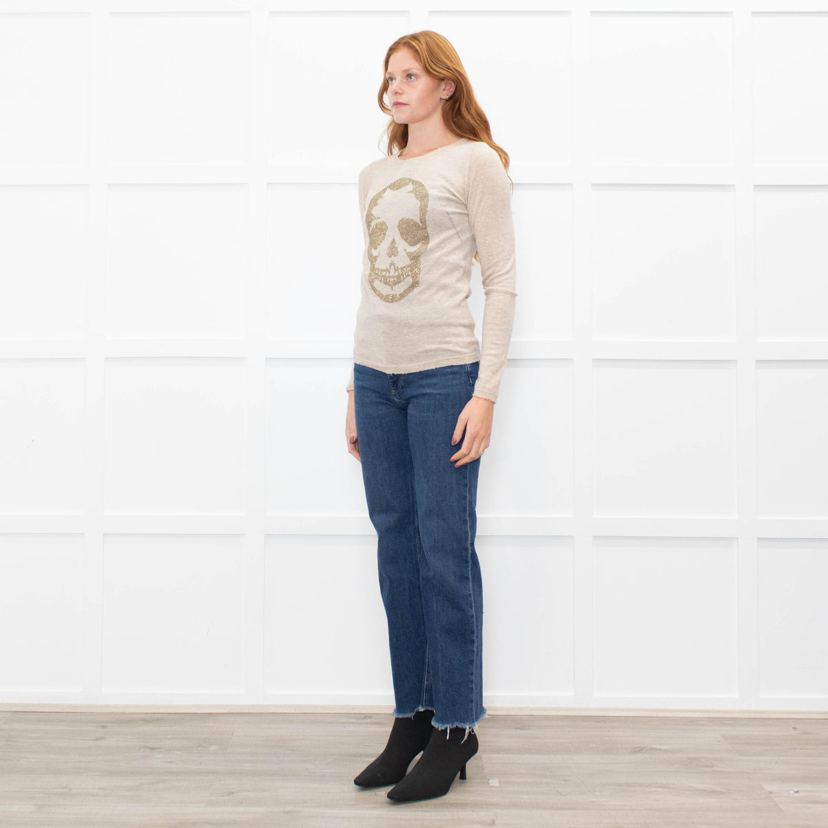Zadig & Voltaire Beige Gold Diamante Skull Cashmere Fine Knit Jumper