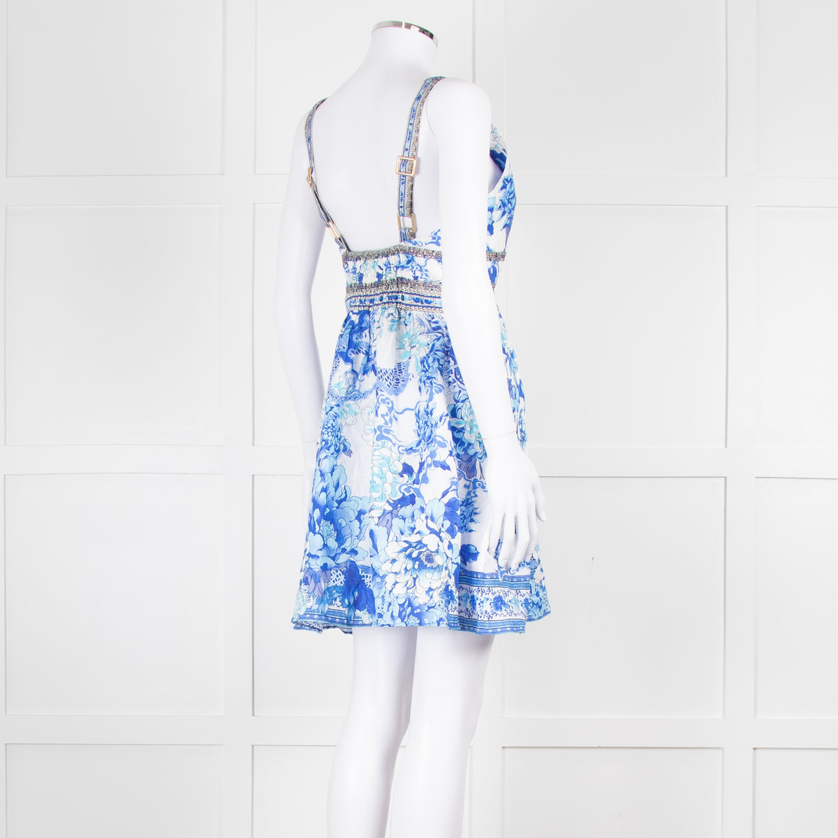 Camilla White Blue Linen V Neck Cut out Embellished Mini Dress