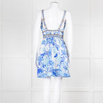 Camilla White Blue Linen V Neck Cut out Embellished Mini Dress
