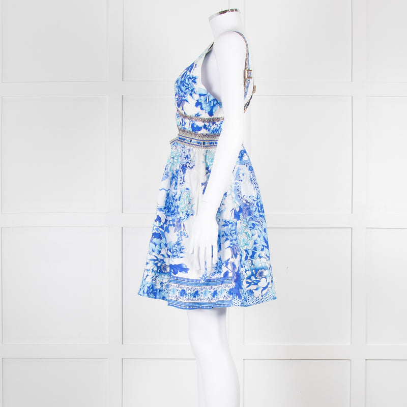 Camilla White Blue Linen V Neck Cut out Embellished Mini Dress