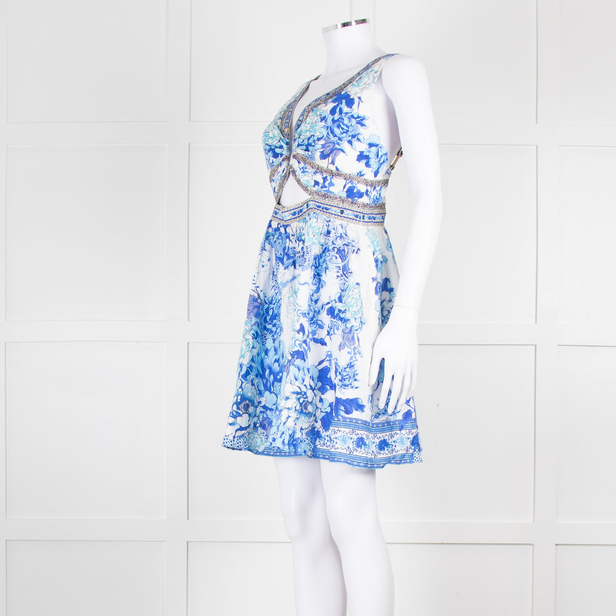 Camilla White Blue Linen V Neck Cut out Embellished Mini Dress