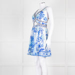 Camilla White Blue Linen V Neck Cut out Embellished Mini Dress