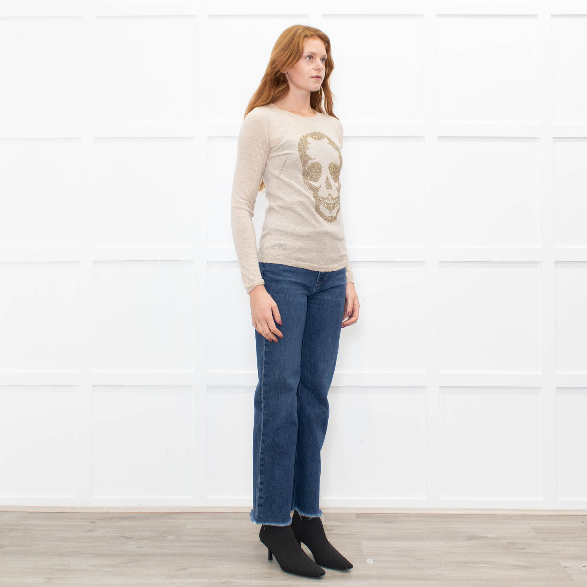 Zadig & Voltaire Beige Gold Diamante Skull Cashmere Fine Knit Jumper