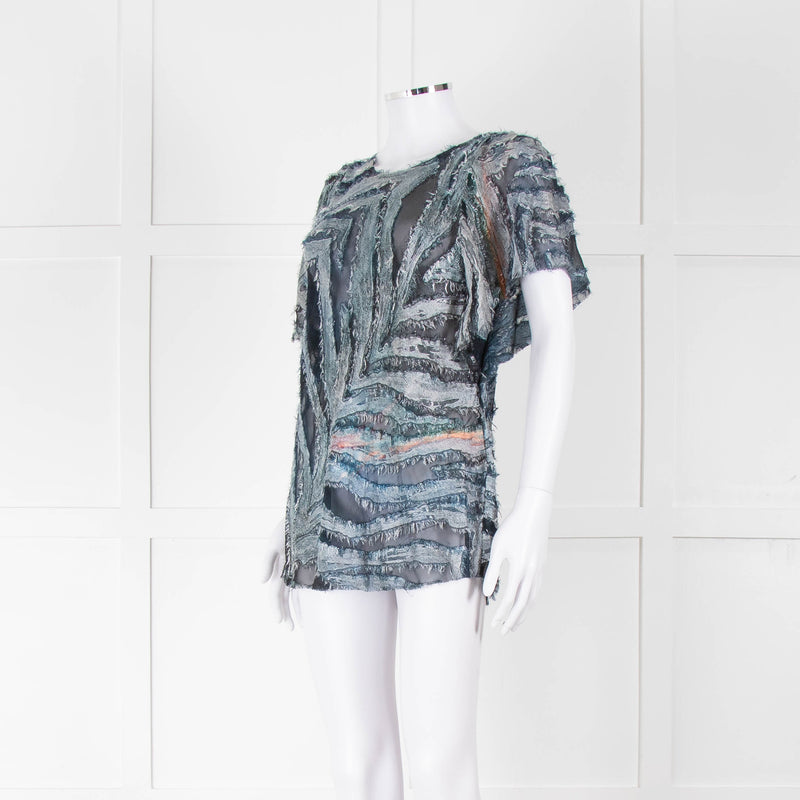 Iro Multicolour Silk Mix Shorlt Sleeve Top With Fringe Detail