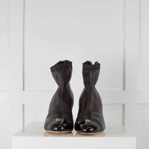Chanel Black Patent Toe Leather Ruffle CC Ankle Boots