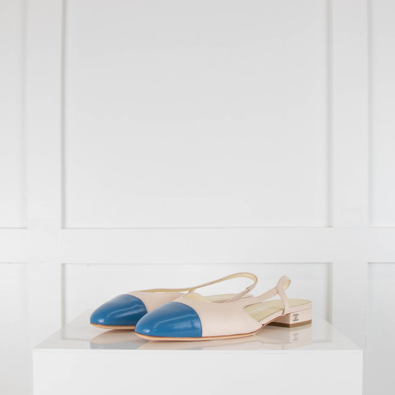 Chanel Cream Blue Cap Toe Flat Leather CC Slingbacks