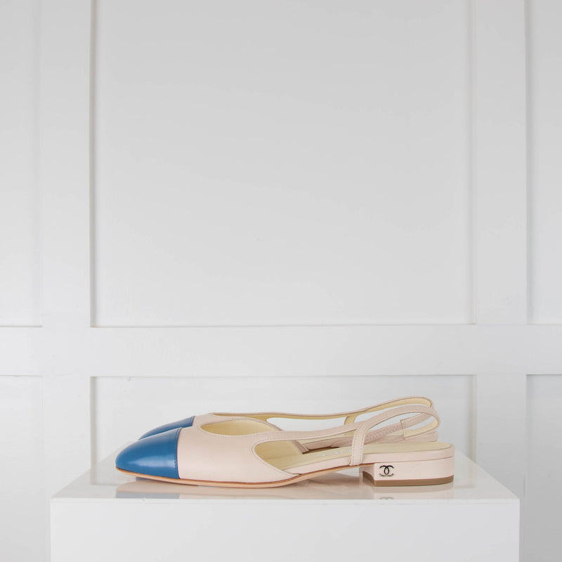 Chanel Cream Blue Cap Toe Flat Leather CC Slingbacks