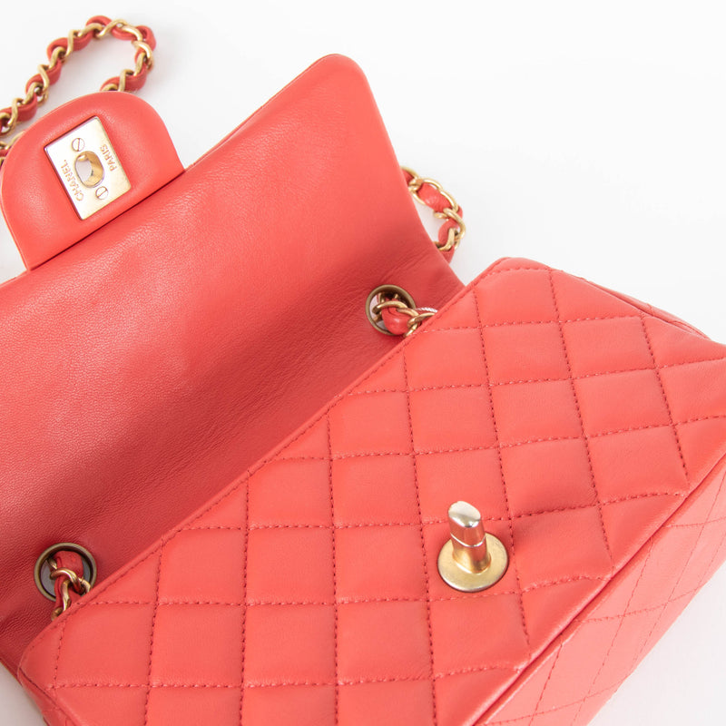 Chanel Mini Classic in Coral Lambskin and Brushed Gold Hardware