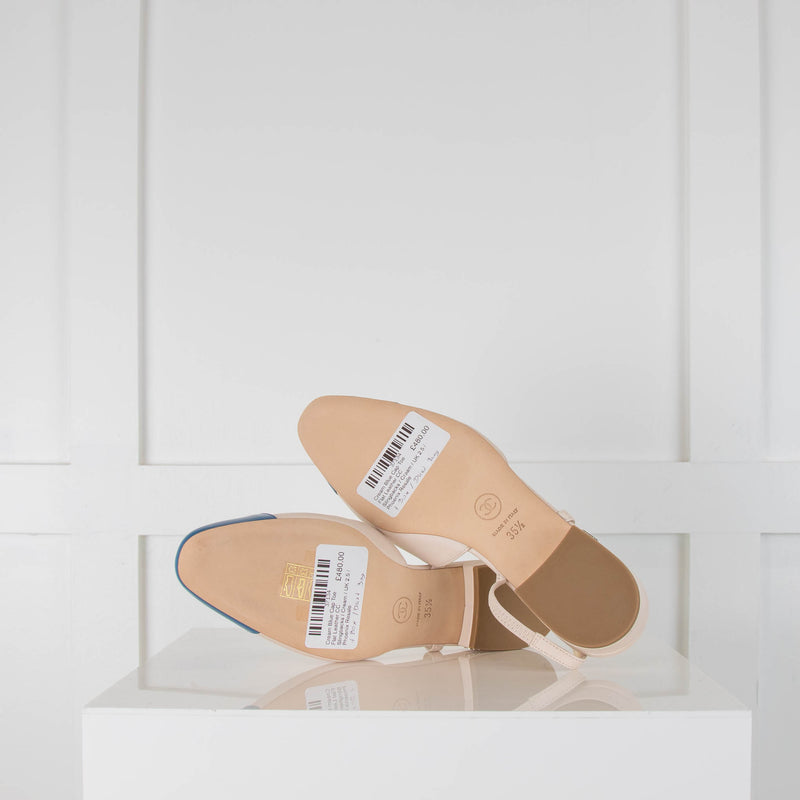 Chanel Cream Blue Cap Toe Flat Leather CC Slingbacks