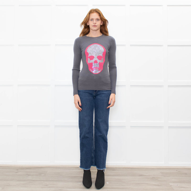 E.vil Grey Pink Sliver Diamante Skull Cashmere Jumper