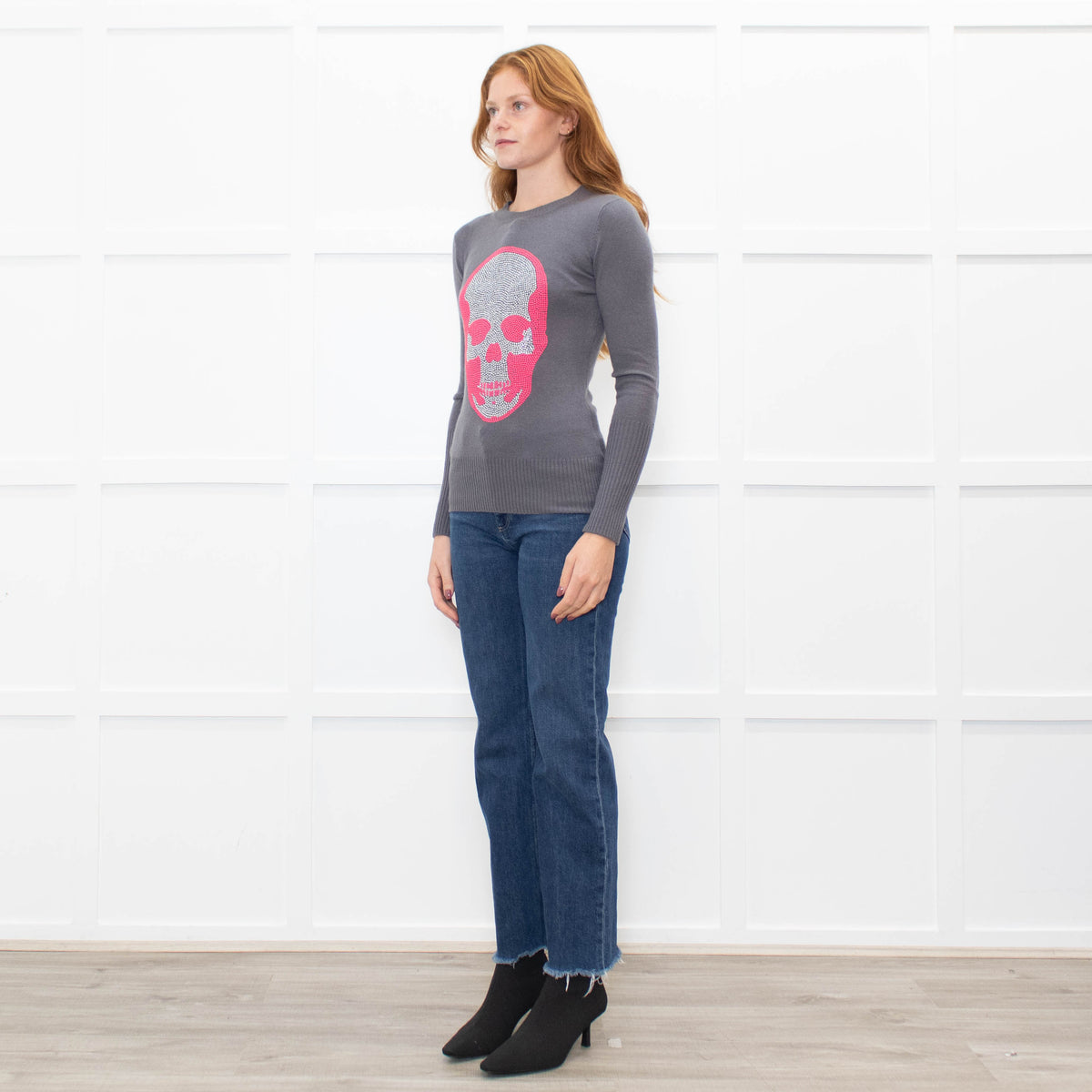E.vil Grey Pink Sliver Diamante Skull Cashmere Jumper