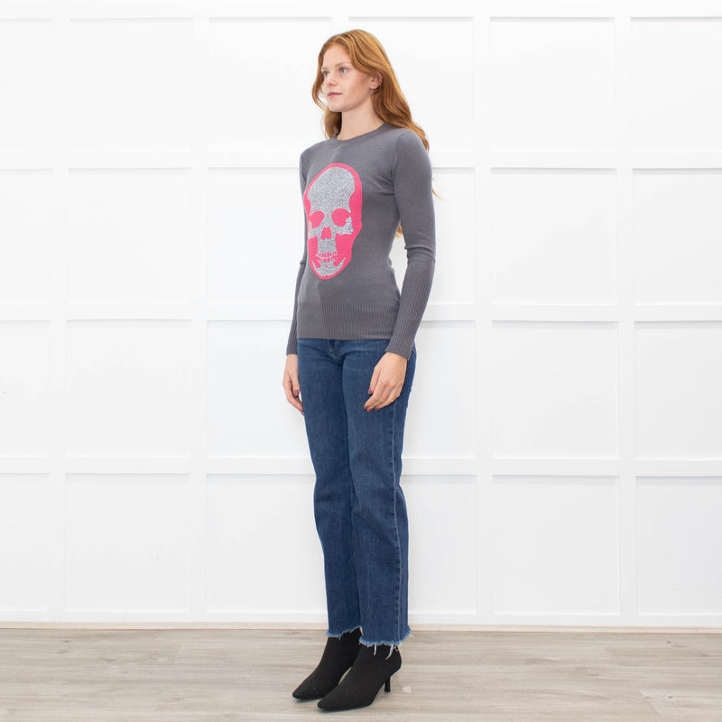 E.vil Grey Pink Sliver Diamante Skull Cashmere Jumper