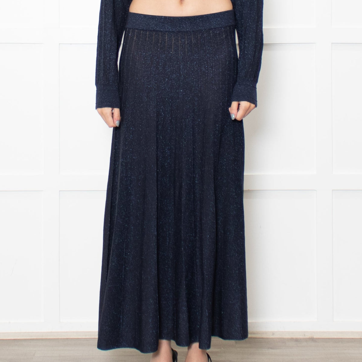 BA&SH Navy Metallic Fine Knit Pleated Brycey Skirt