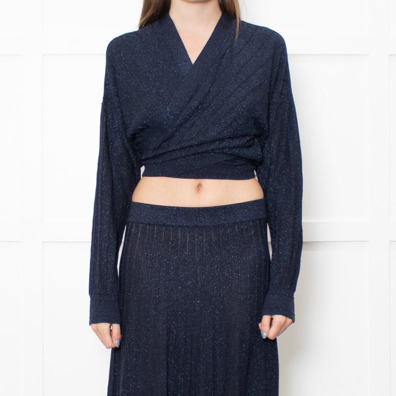 BA&SH Navy Metallic Knit Wrap Top