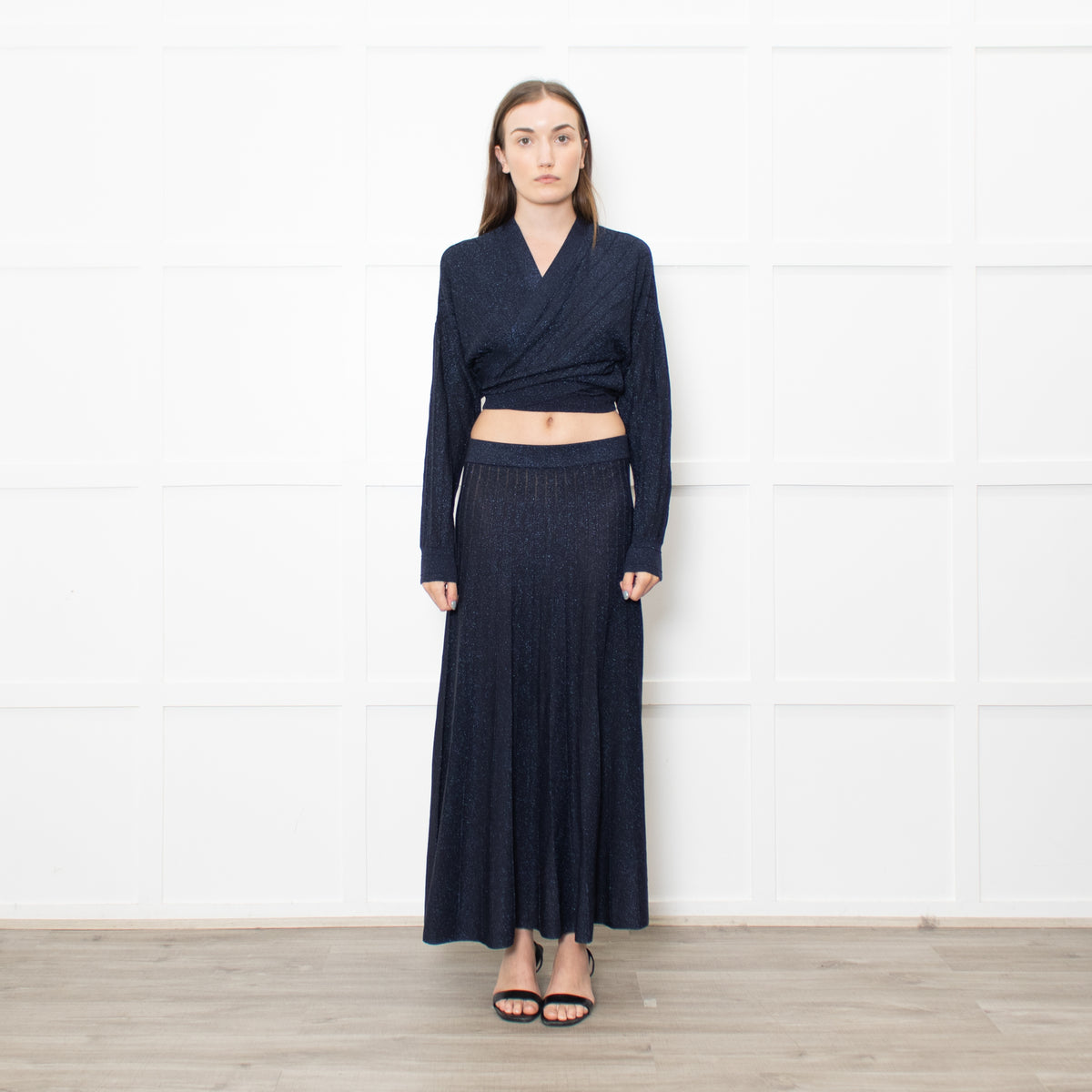 BA&SH Navy Metallic Knit Wrap Top