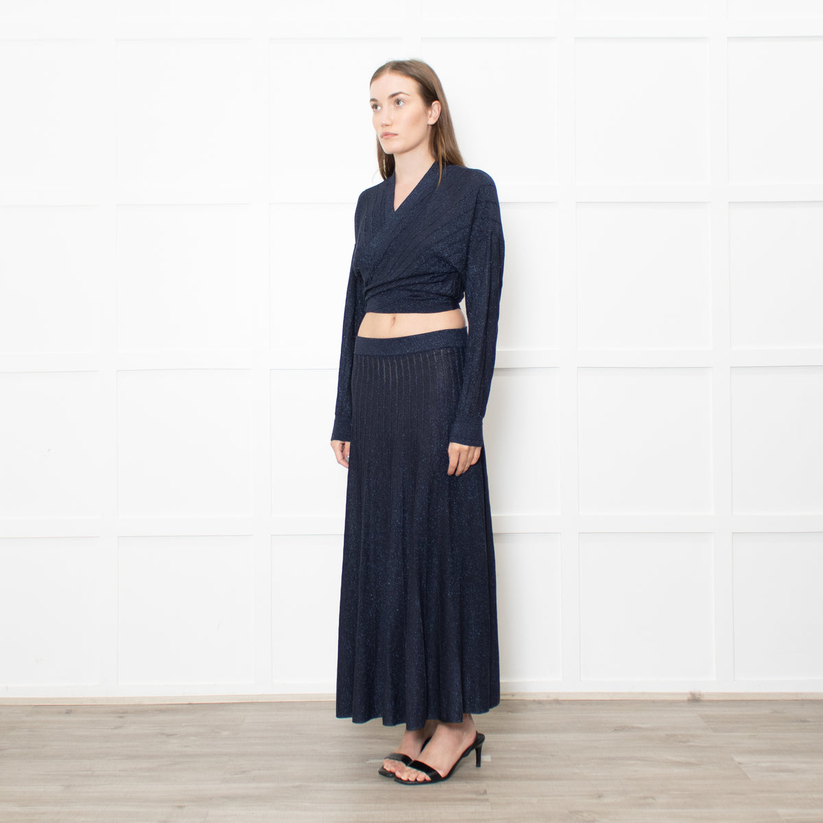 BA&SH Navy Metallic Fine Knit Pleated Brycey Skirt