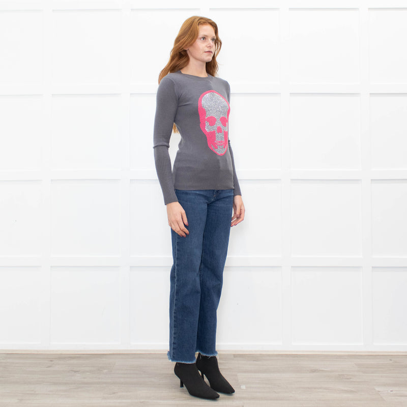 E.vil Grey Pink Sliver Diamante Skull Cashmere Jumper