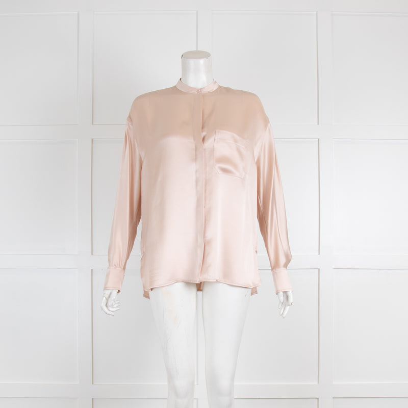 Vince Blush Silk Grandad Collar Long Sleeve Blouse