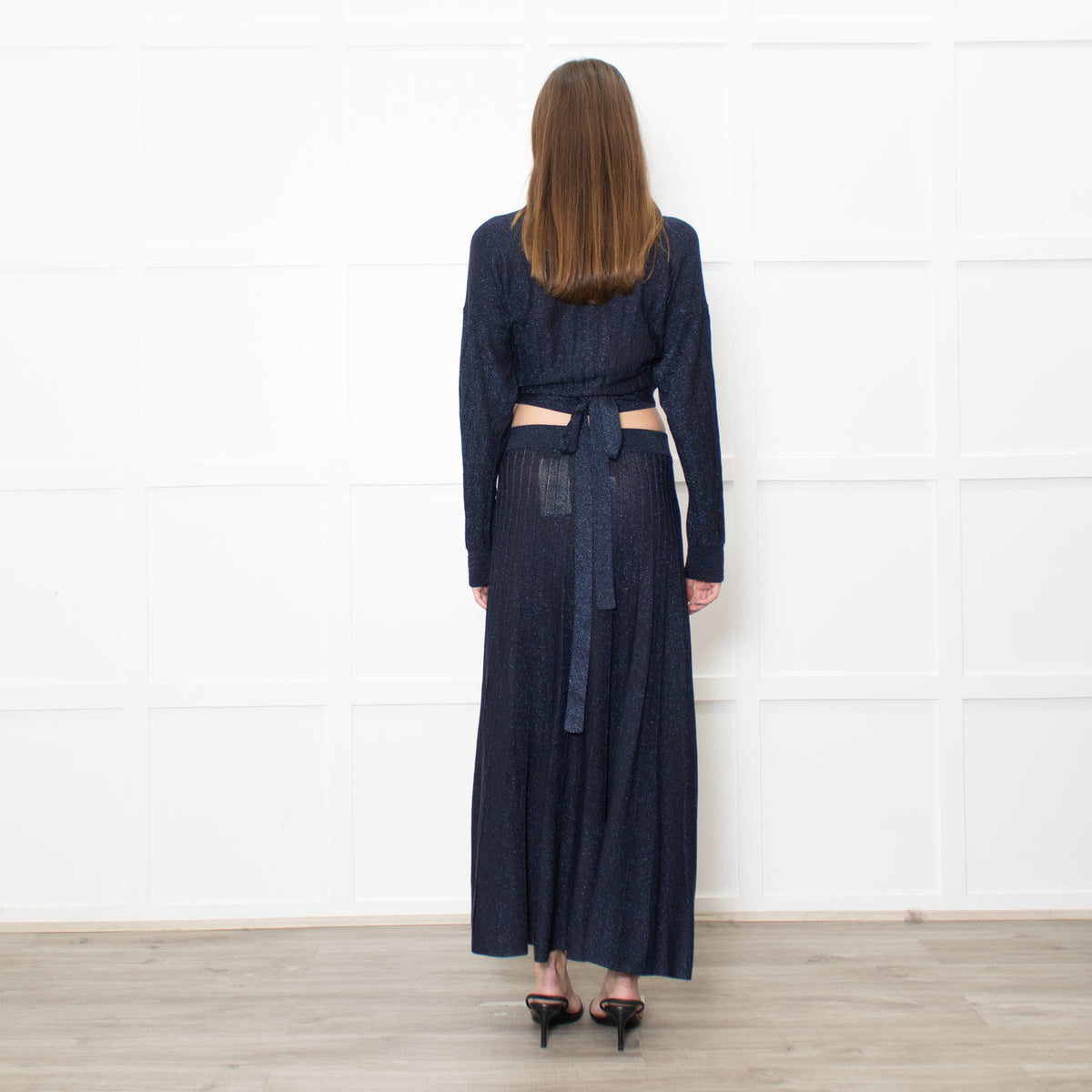 BA&SH Navy Metallic Fine Knit Pleated Brycey Skirt