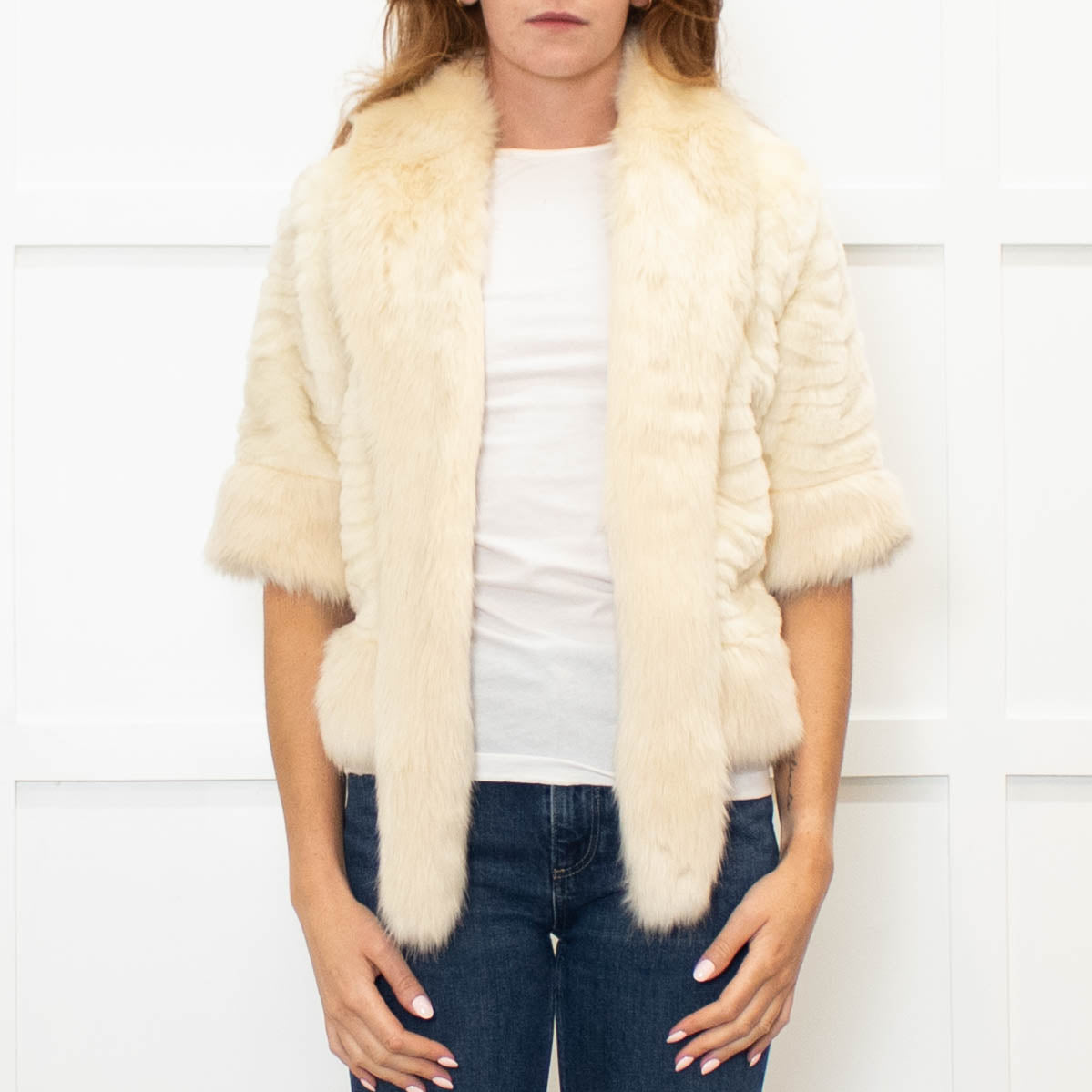 Jayley Cream Faux Fur Jacket with 3/4 Length Sleeves