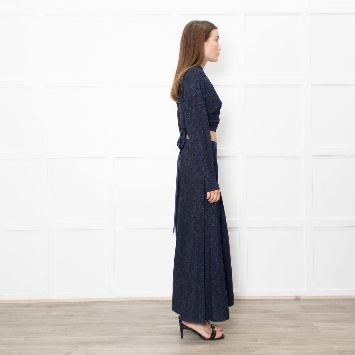 BA&SH Navy Metallic Fine Knit Pleated Brycey Skirt